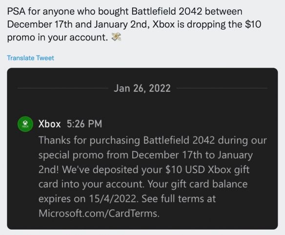 Xbox为《战地2042》玩家发放10刀优惠券：原因未知